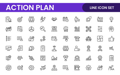 Line icons about action plan. Contains such icons as search strategy, target, scheme, timeline and workflow.Action plan set of web icons in line style. Strategy action planning icons.