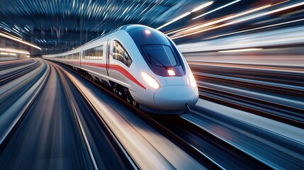 Fototapeta premium Aerial View of a High-Speed Train on a Railway, Capturing Motion Blur and Modern Technology in Action.
