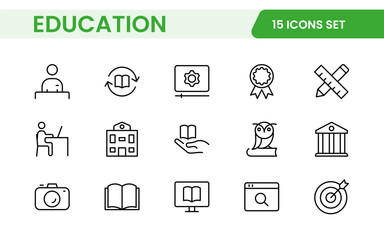 Education line icons collection. Big UI icon set in a flat design. Thin outline icons pack. Thin line icons set of academic subjects and education. Outline symbol collection.