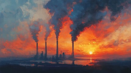 Fototapeta premium Sunset over Industrial Stacks, Evocative scene with warm hues, Romanticism, Soft brushstrokes, Captivating interplay of nature and industry