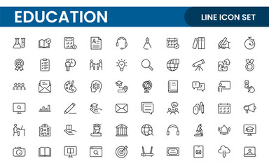 Education line icons collection. Big UI icon set in a flat design. Thin outline icons pack. Thin line icons set of academic subjects and education. Outline symbol collection.