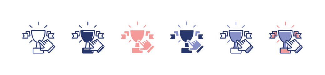 hand pointing trophy cup award icon set competition winner prize celebration online contest vector business victory achievement top place signs illustration