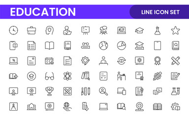 Education line icons collection. Big UI icon set in a flat design. Thin outline icons pack. Thin line icons set of academic subjects and education. Outline symbol collection.