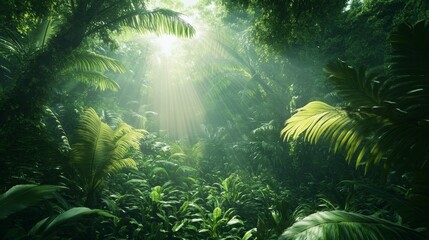 Fototapeta premium Vibrant jungle scene teeming with exotic wildlife, intricate vine patterns, lush greenery, and beams of sunlight creating a psychedelic atmosphere