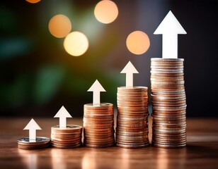 A stack of coins with rising arrows indicates financial growth, suggesting optimism and potential for a brighter future