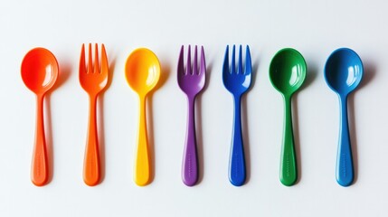 A children colorful plastic spoon and fork set arranged neatly on a bright white background, highlighting playful meal-time items.