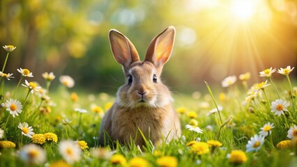 Easter bunny on a flower meadow , Easter, bunny, spring, flowers, meadow, colorful, cute, holiday, celebration, egg hunt