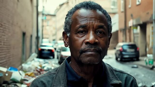 Middle-aged homeless african american man, dressed in dirty, worn-out clothes, stands near a trash-strewn alley, looking directly at the camera
