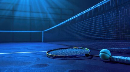 Badminton rackets and shuttlecocks are placed on the floor with a badminton net in the background