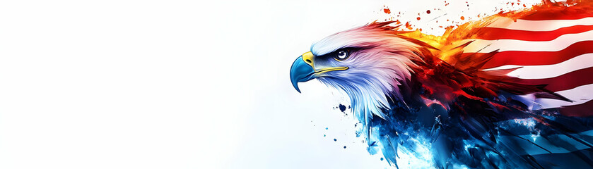 Glowing eagle emblem and folded flag with copy space concept as A modern and symbolic image featuring a glossy glowing holographic eagle emblem and a folded American flag isolated against a white back
