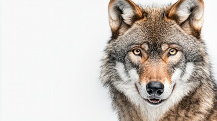 Fototapeta premium A close-up of a wolf face, showing its sharp teeth and intense gaze, on a clean white background, perfect for wildlife and nature themes.