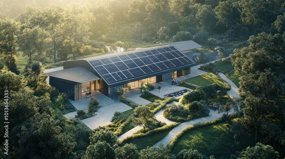 Poster Modern House with Solar Panels in a Lush Forest Setting