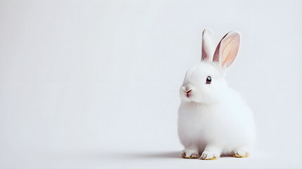 Obraz premium Fluffy white rabbit sitting alert with calm expression in bright space