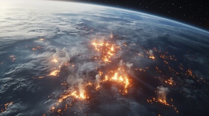 Overheated planet with carbon molecules ascending, visualizing climate change impacts, digital art representation, environmental awareness, science fiction elements