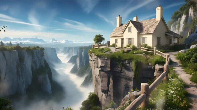 View of a luxury house on the edge of a rock cliff. Seamless 4K looping timelapse video animation background