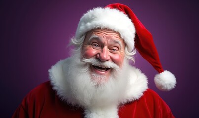 Naklejka premium Santa Claus winking with a cheerful smile on a deep purple background excellent for holiday sales banners and festive season promotional campaigns Watercolor style.