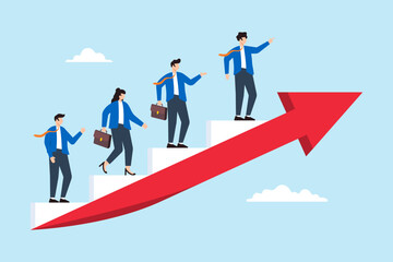 Flat illustration of business people step up rising growth arrow symbolizing sustainable business success