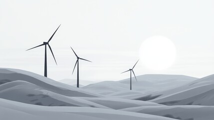 Snowy Minimalism, Wind turbines rise against a stark white landscape, clean lines and monochrome tones create a serene, modern atmosphere.