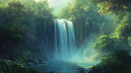 Lush Rainforest Waterfall Cascading into a Tranquil Pool