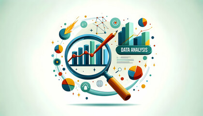 Fototapeta premium Flat Floating Graph with Magnifying Glass - Market Analysis Concept | Vector Design for Detailed Financial Examination