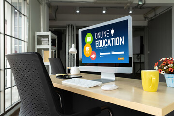 Naklejka premium E-learning website with modish sofware for student to study online on the internet network
