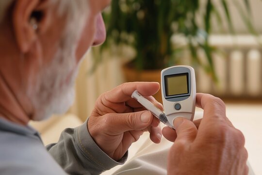 Elderly man holds digital blood pressure monitor with white body and black screen. Man in gray shirt sits on couch, white beard visible. Monitor screen facing upwards in living room setting.