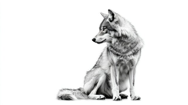 A lone wolf sitting calmly with its tail curled around its paws, isolated on a white background, evoking mystery and solitude.