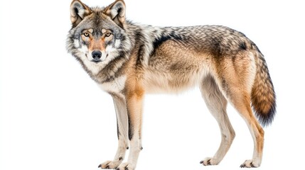 Fototapeta premium A majestic gray wolf standing tall, its piercing eyes staring directly at the camera, isolated on a white background.