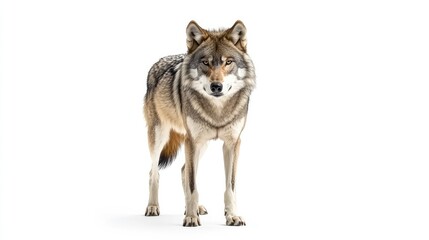 Obraz premium A majestic gray wolf standing tall, its piercing eyes staring directly at the camera, isolated on a white background.