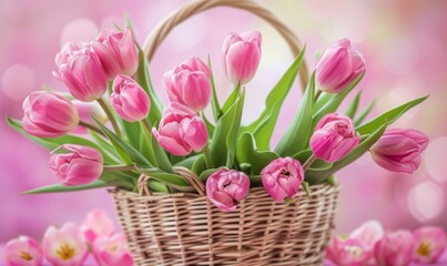 Basket of pink tulip flowers on a pink spring background