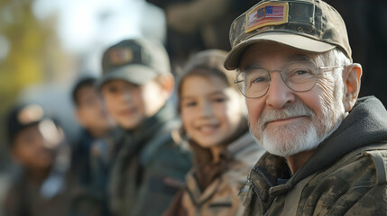 Fototapeta premium Candid Interaction Between Veterans and Children at 3D Veterans Day Event - Heartwarming Photograph of Generations Connecting with Smiles