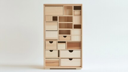 A minimalist wooden container cabinet with multiple drawers, set against a white background to highlight its clean and functional design.