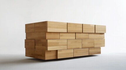 A minimalist wooden container cabinet with multiple drawers, set against a white background to highlight its clean and functional design.