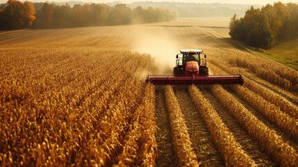 Fototapeta premium Tractor Harvesting Corn in a Field with Autumn Trees in the Background