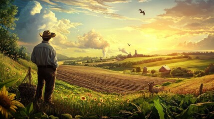 Fototapeta premium A Farmer Contemplating His Fields at Sunset