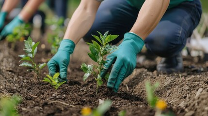Naklejka premium A close-up shot of hands planting small plants in rich, dark soil, showcasing gardening efforts.