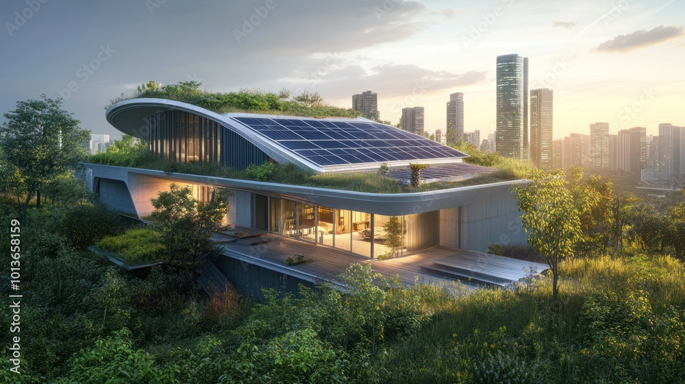 Canvas Prints Modern, Sustainable Home with Green Roof and Solar Panels in a Cityscape