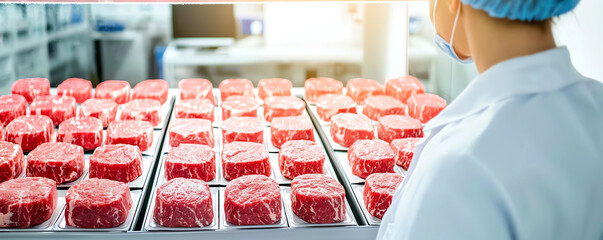 Worker inspecting fresh beef cuts in a processing facility, showcasing quality control and food safety standards in meat production.