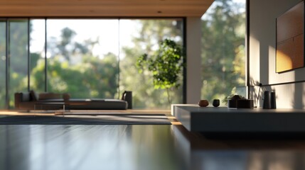 Fototapeta premium Modern, spacious interior with large windows showcasing nature, emphasizing comfort and design.