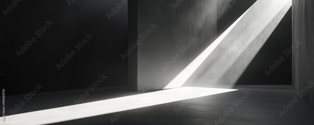 Aufkleber Light beam casting shadows in an empty dark room. Minimalist architecture and lighting concept