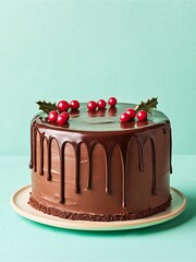 A beautiful chocolate cake decorated with red berries and green leaves, set against a light blue background.
