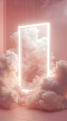 Glowing frame surrounded by clouds in a surreal pink setting, futuristic dreamscape concept