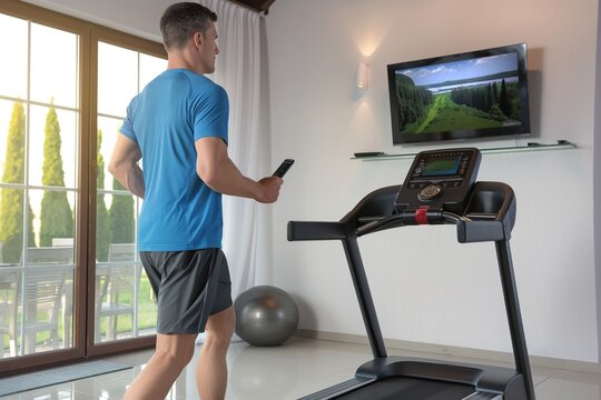 Man in sportswear works out on home treadmill with dumbbells, TV display. Caucasoid man exercising with weights, watching forest landscape on TV screen in modern home. Man runs on mini treadmill at