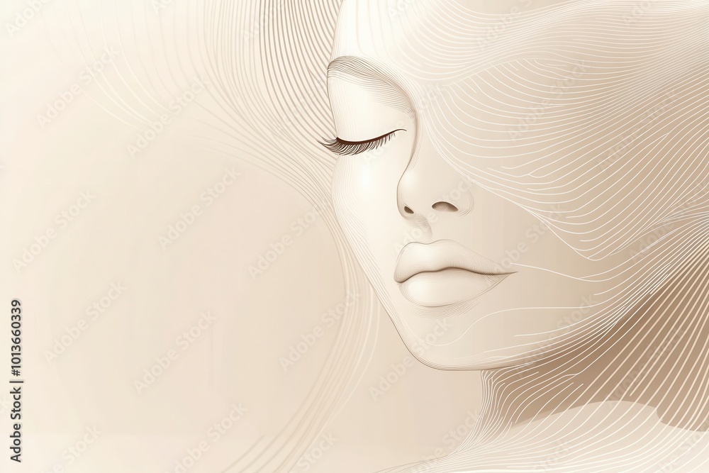 Poster A graceful outline of a female face emerges from softly flowing lines, creating a sense of calm and elegance. Generative AI
