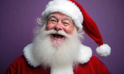 Santa Claus winking with a joyful smile in a close-up on a purple background perfect for eye-catching Christmas sale advertisements and festive banners Watercolor style.