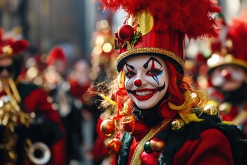A joyful holiday parade with marching bands and clowns.