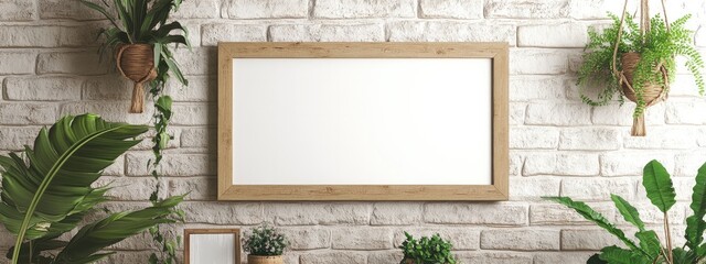 Blank White Frame on White Brick Wall with Hanging Plants and Warm Color Palette, mockup