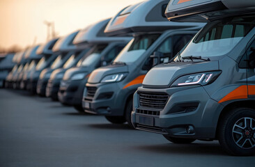 A row of modern motorhomes lined up at dusk in a parking area