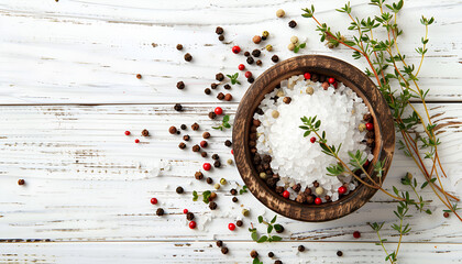 Salt with peppercorns and thyme in bowl on white wooden table, top view