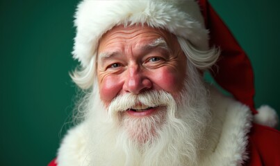 Naklejka premium Santa Claus cheerful face close-up with rosy cheeks on an emerald green background ideal for holiday sale flyers and special Christmas shopping campaigns Watercolor style.